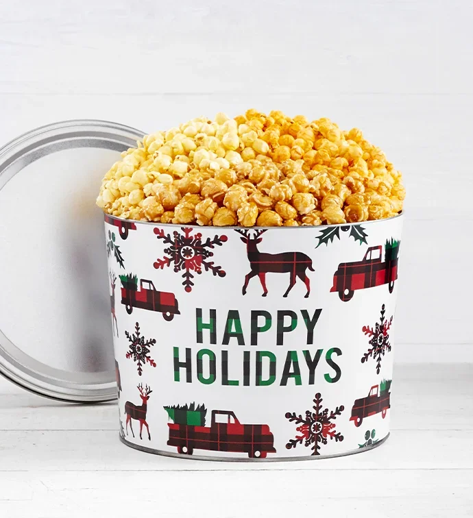 Happy Holidays Plaid 2 Gallon 3 Flavor Popcorn Tin